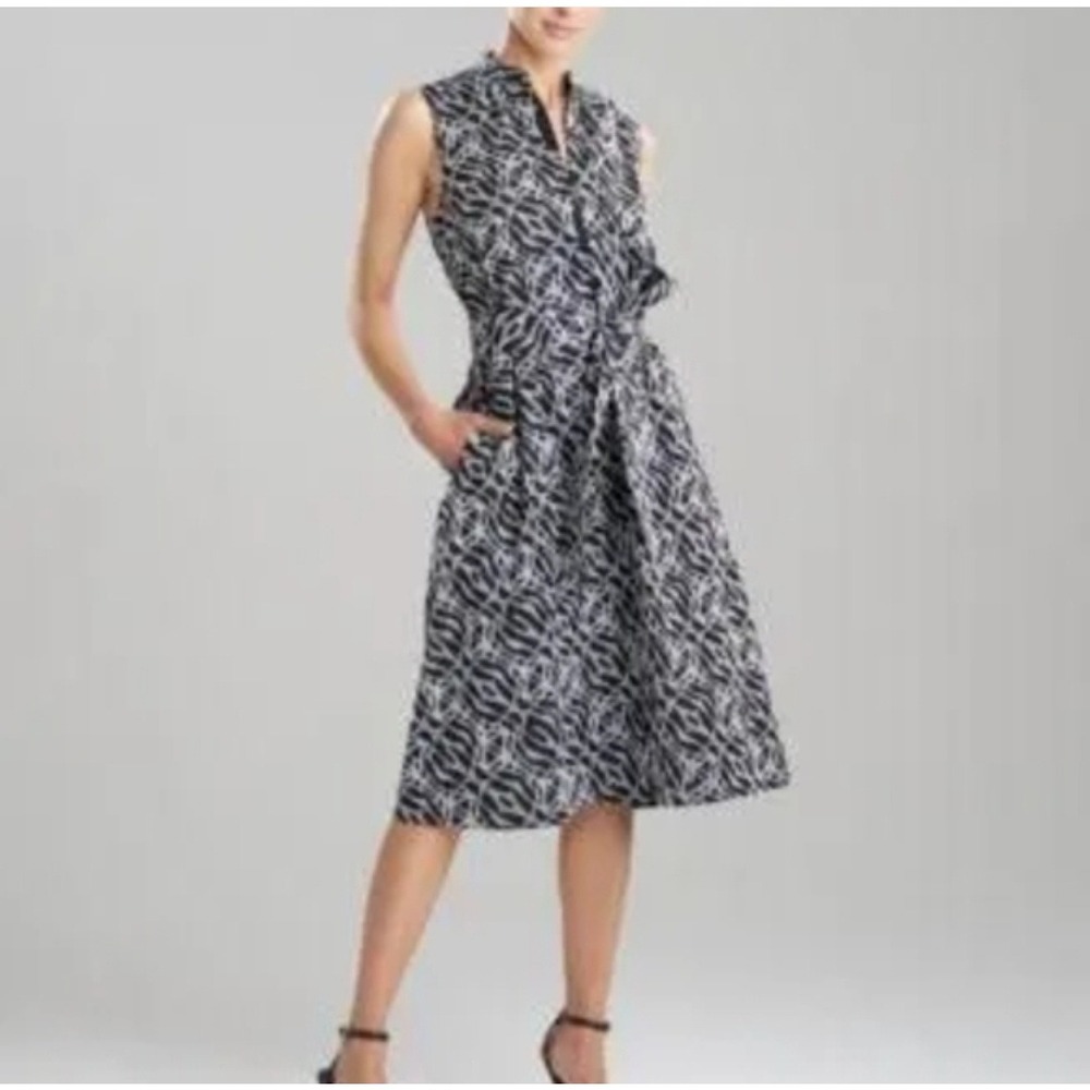 N Natori Geo Embroidery Cotton Poplin Sleeveless Belted Midi Dress Black XL